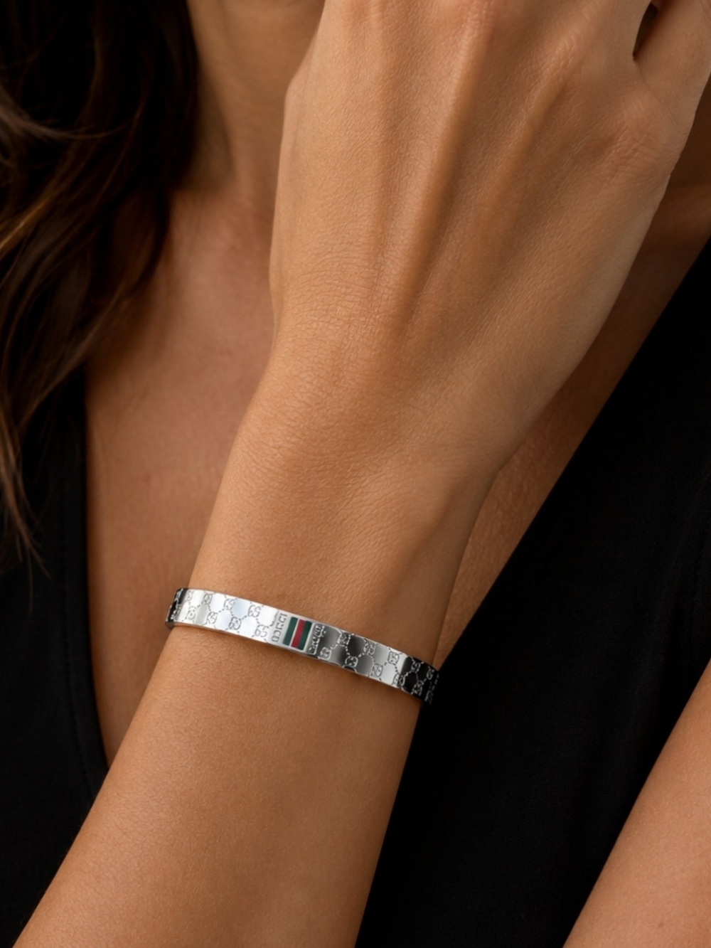 Silver-Tone Signature Cuff Bracelet with Red and Green Stripe